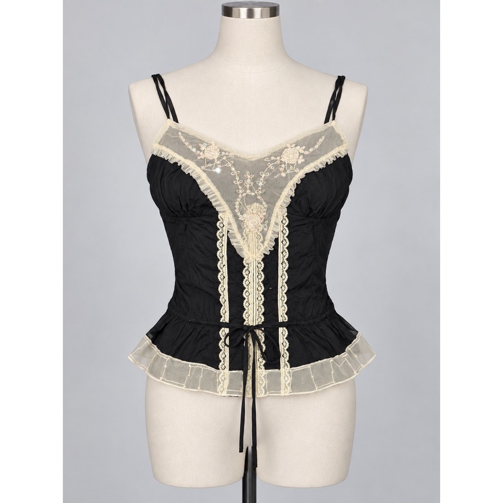 Angie Victorian Lace Peplum Camisole Top Black Cream Floral Sequin NWT Large